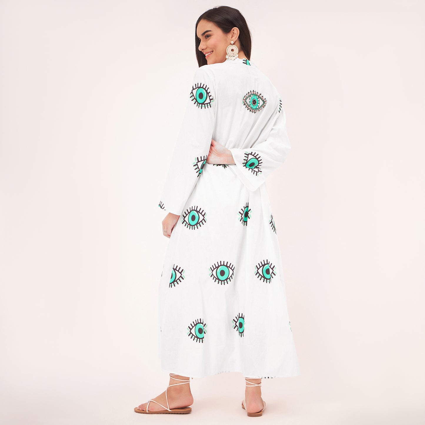 White and Cyan Evil Eye Cotton Long Cover-Up with Embroidered Patch and Belt