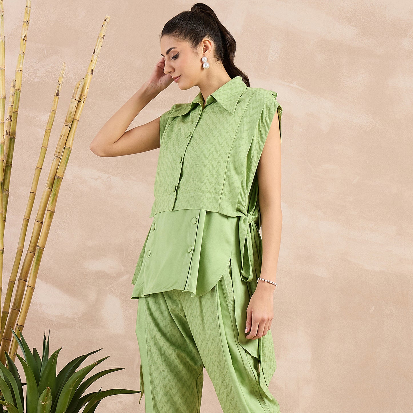 Pastel Green Herringbone Sleeveless Bib Cover-Up with Side Straps