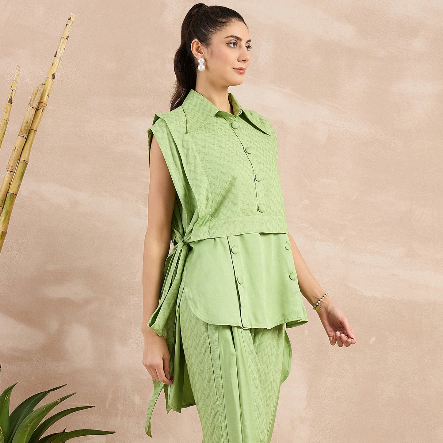 Pastel Green Herringbone Sleeveless Bib Cover-Up with Side Straps