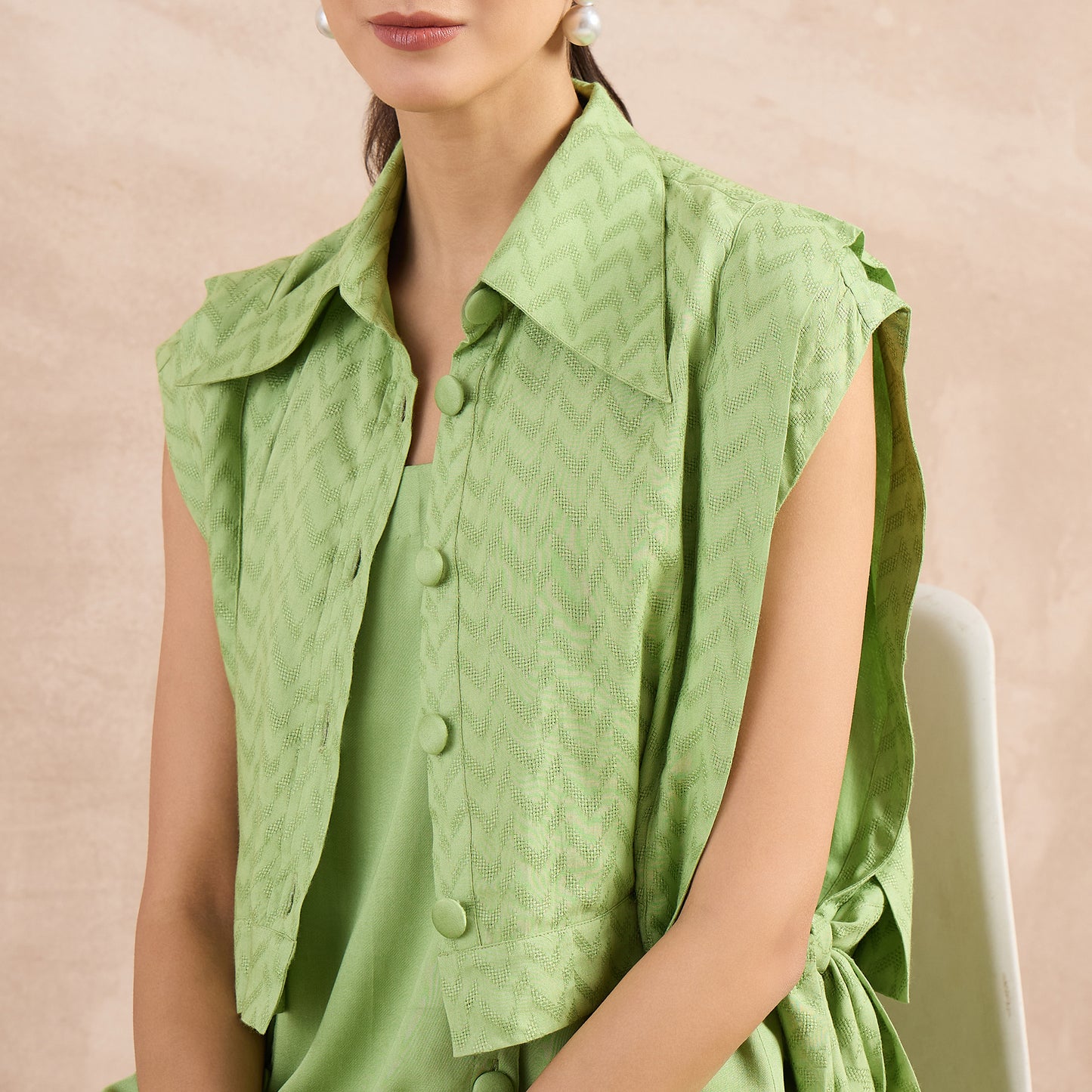 Pastel Green Herringbone Sleeveless Bib Cover-Up with Side Straps