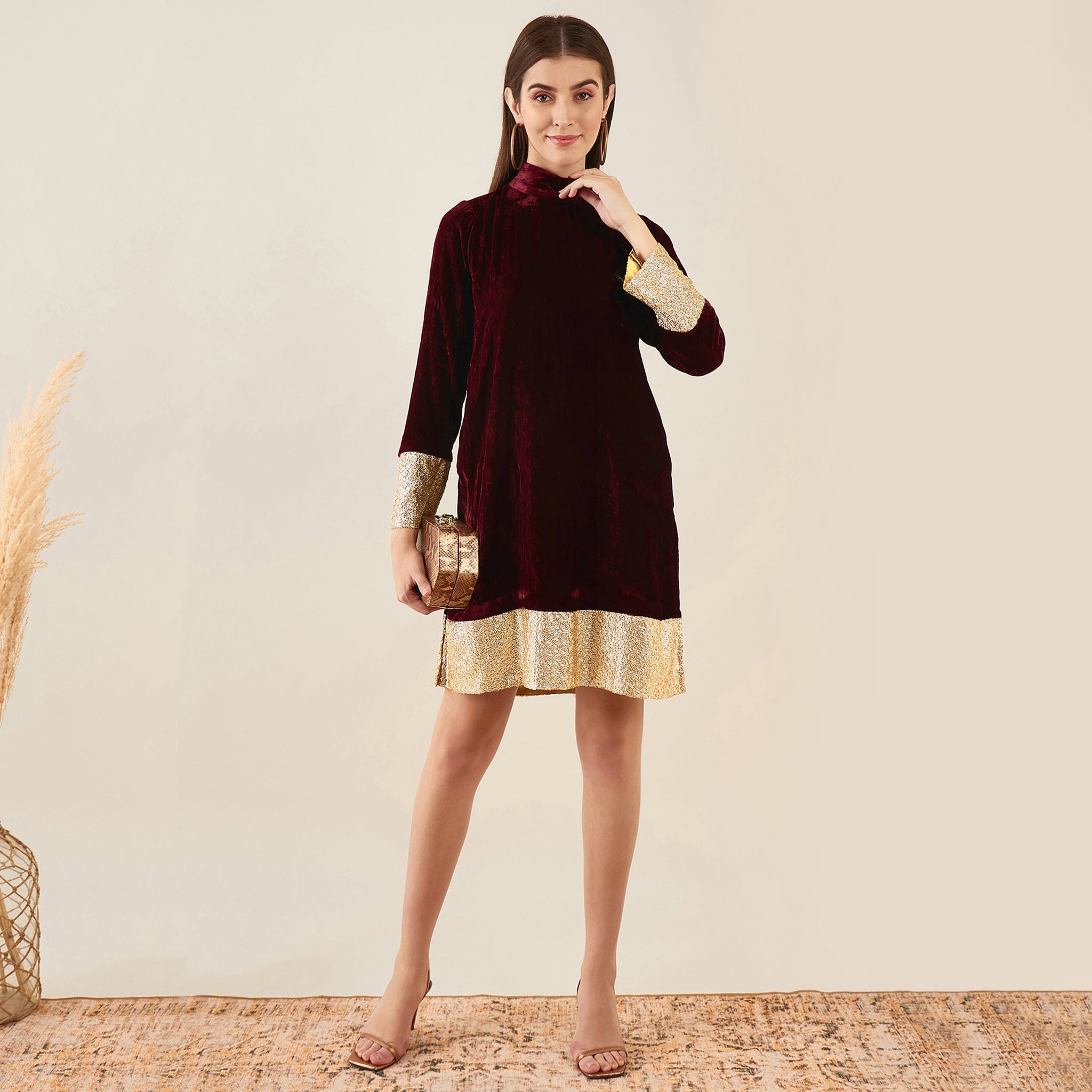 Burgundy Velvet Long Formal Dress, A-Line Short Sleeve Evening Party D