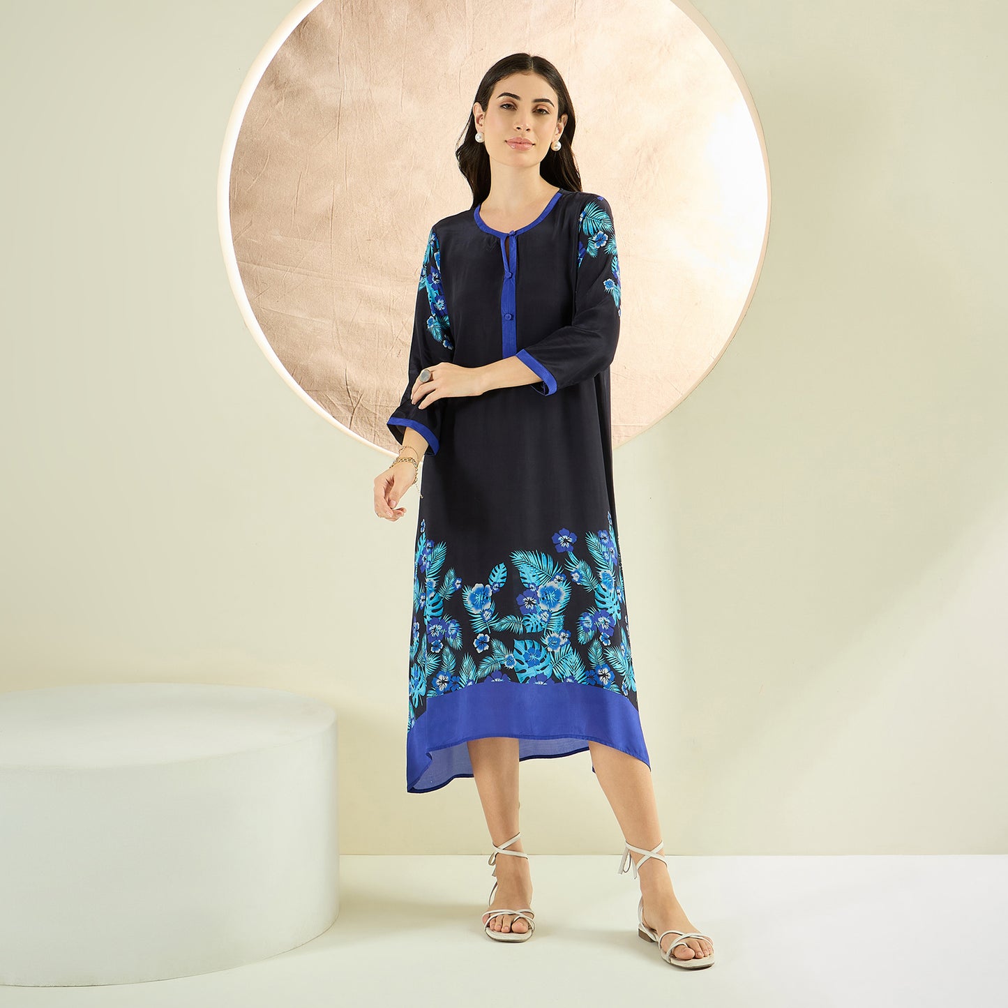 Black and Blue Floral Printed Slimline Kaftan Dress