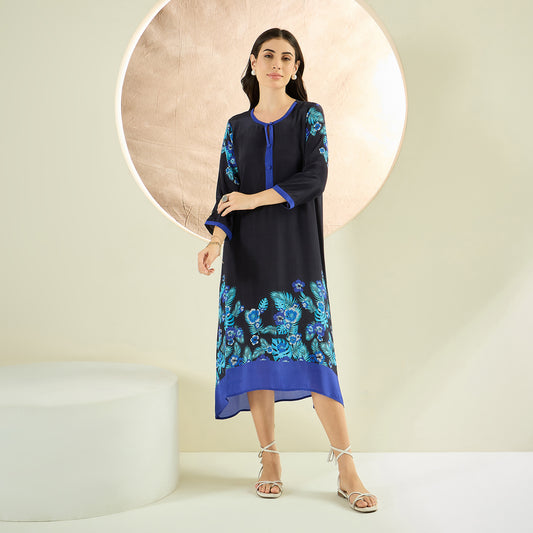 Black and Blue Floral Printed Slimline Kaftan Dress