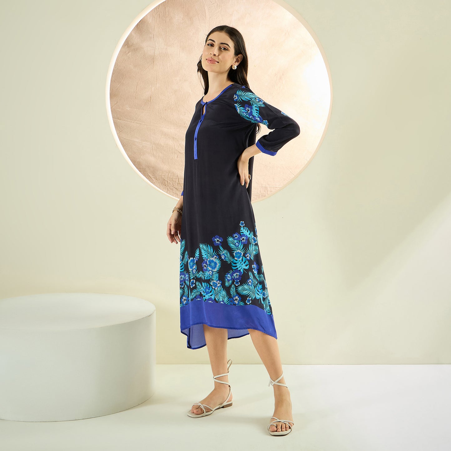 Black and Blue Floral Printed Slimline Kaftan Dress