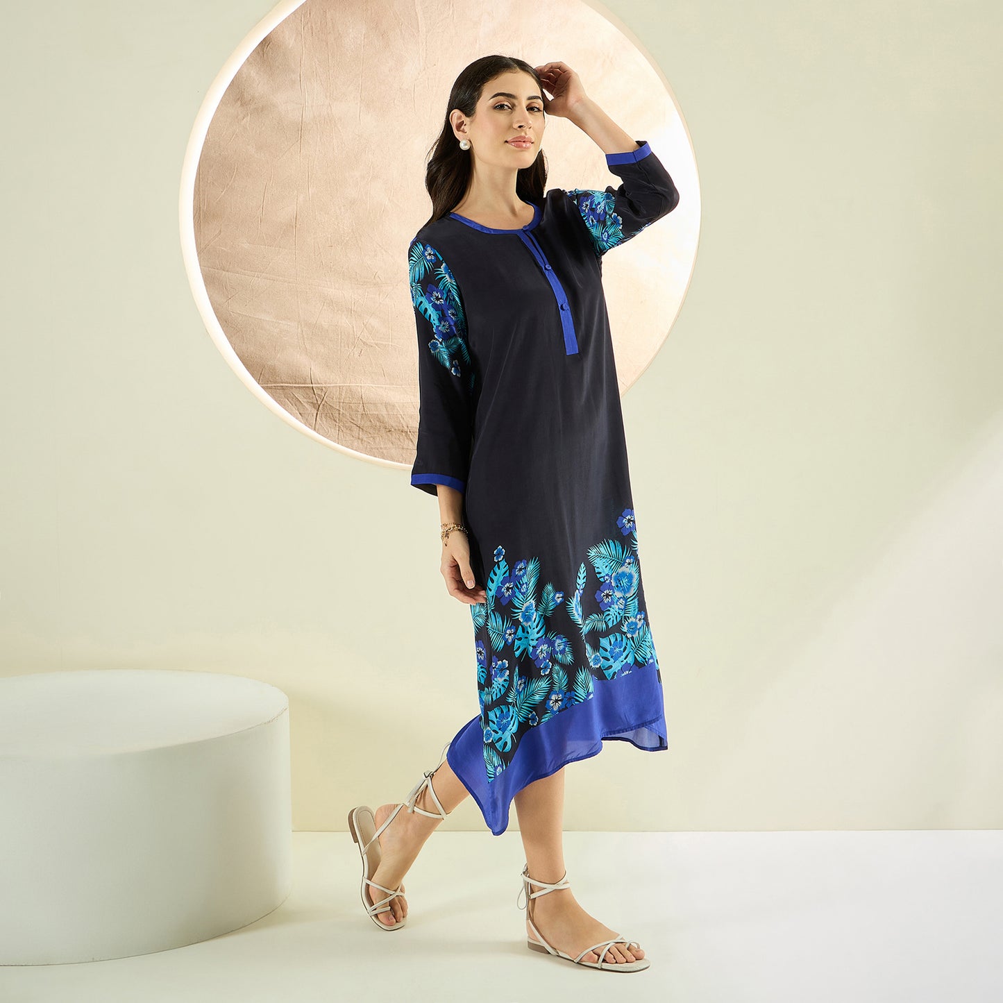 Black and Blue Floral Printed Slimline Kaftan Dress