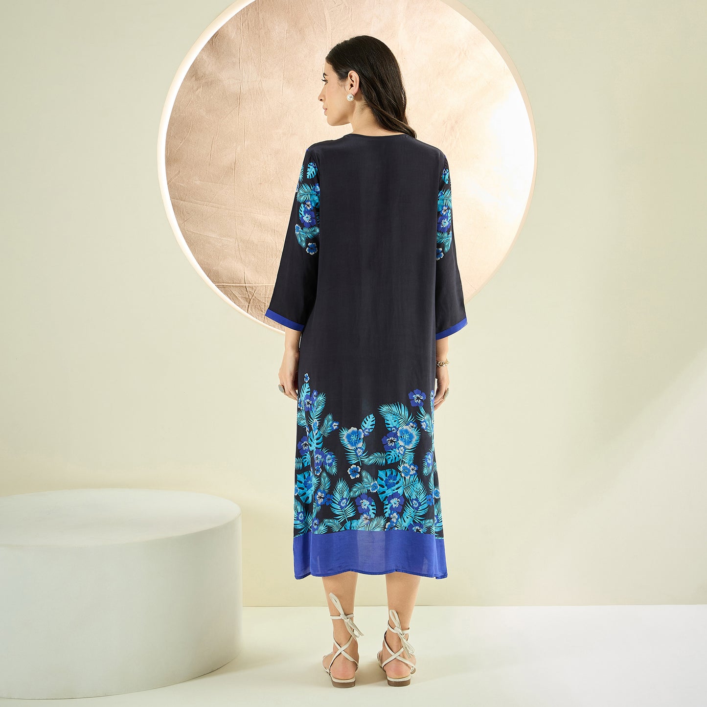 Black and Blue Floral Printed Slimline Kaftan Dress