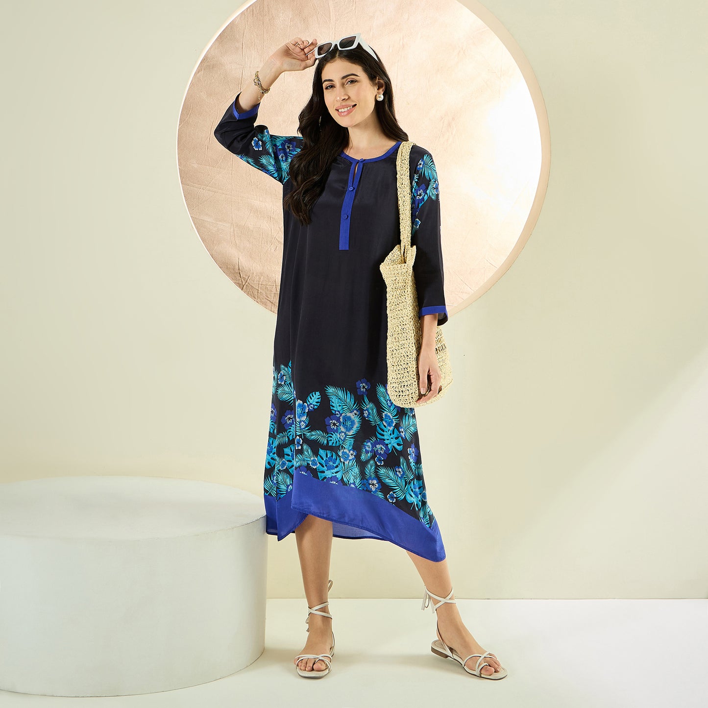 Black and Blue Floral Printed Slimline Kaftan Dress