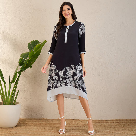 Black and Grey Floral Printed Slimline Kaftan Dress