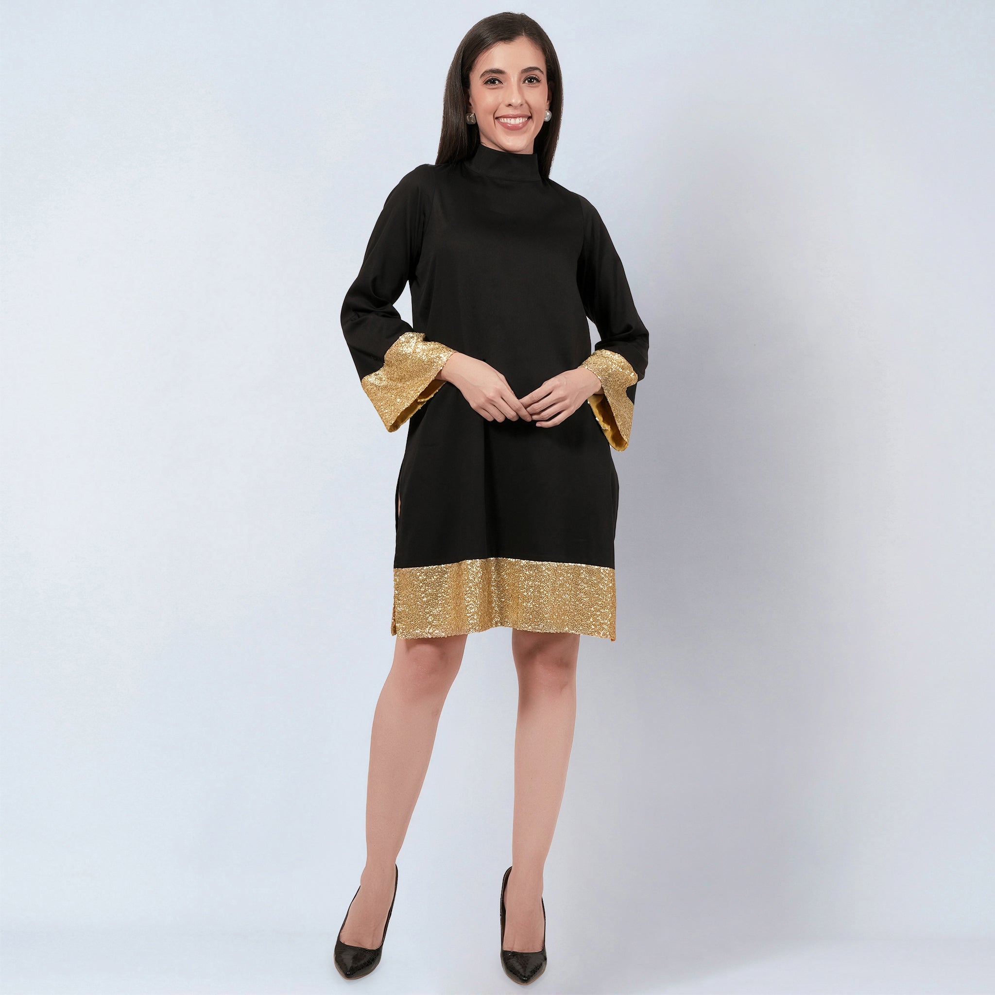 Black and 2024 gold tunic dress