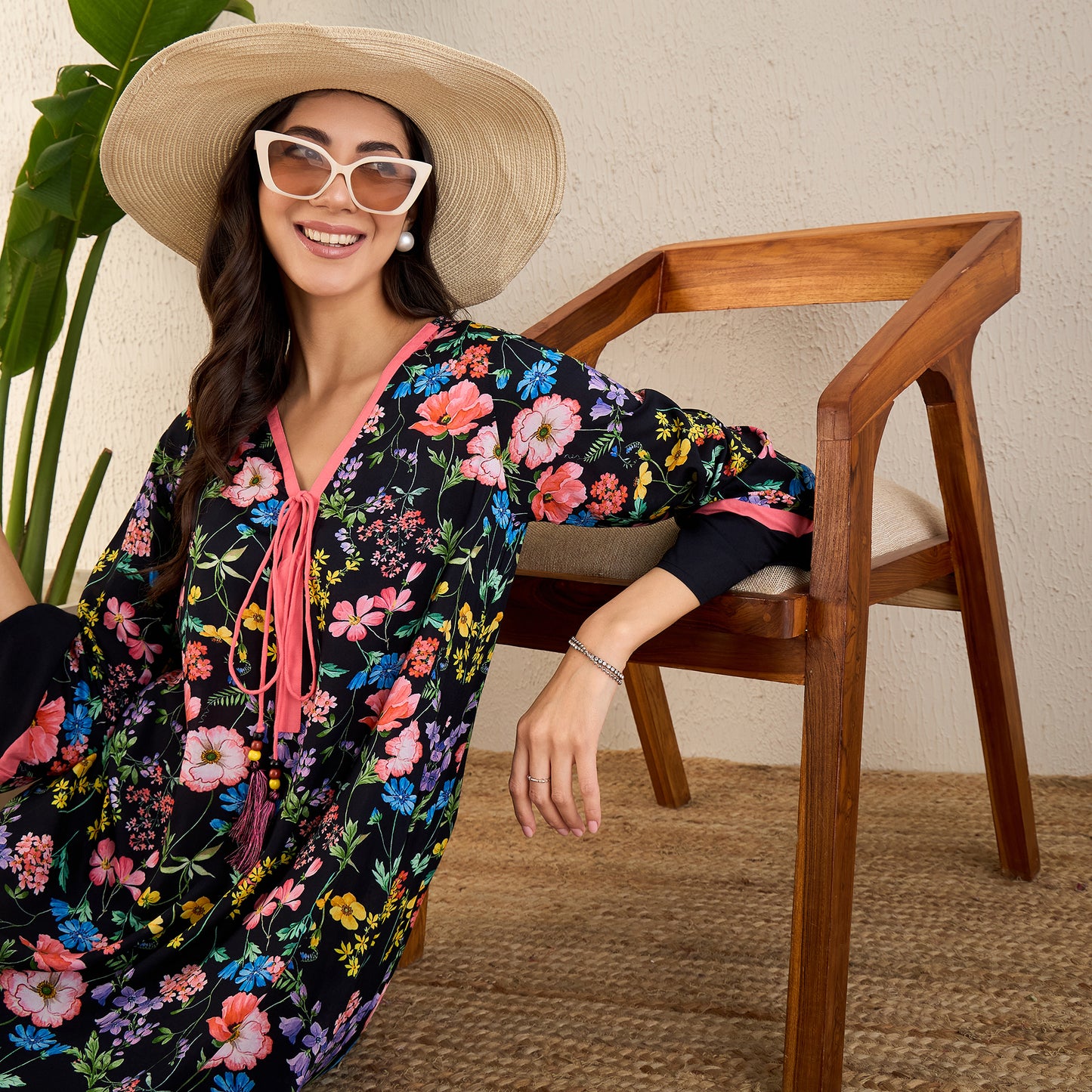 Black and Coral Flower Printed A-Lined Tunic Dress