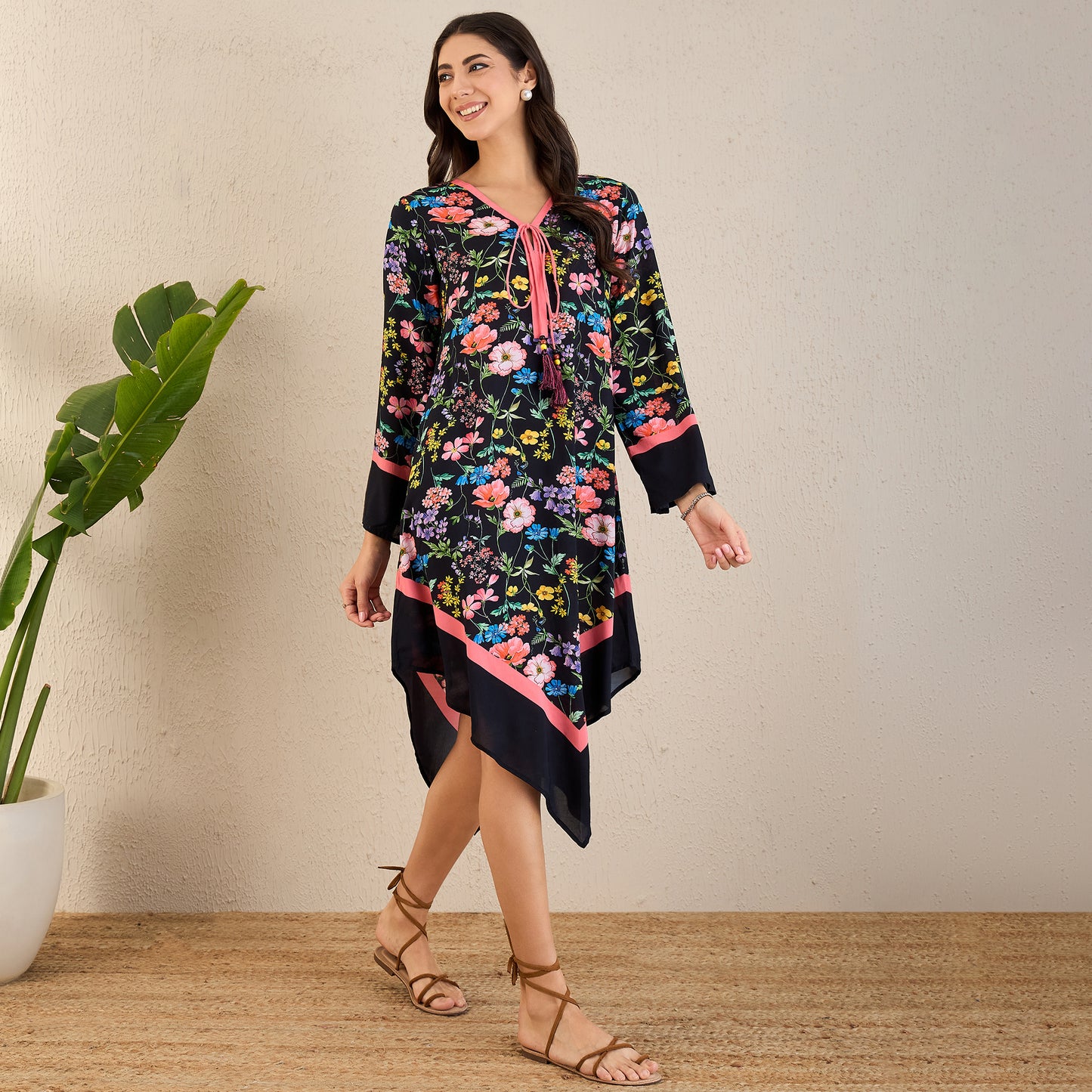 Black and Coral Flower Printed A-Lined Tunic Dress