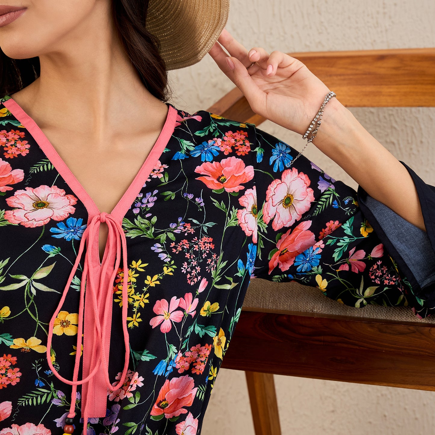 Black and Coral Flower Printed A-Lined Tunic Dress