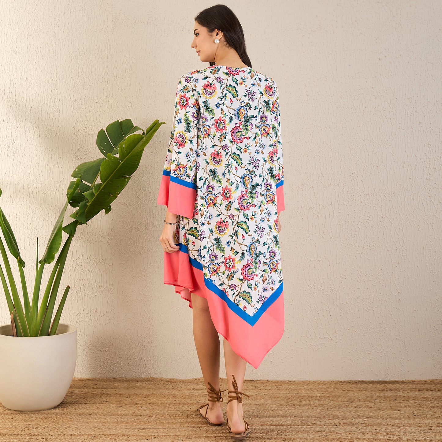 White and Coral Flower Printed A-Lined Tunic Dress