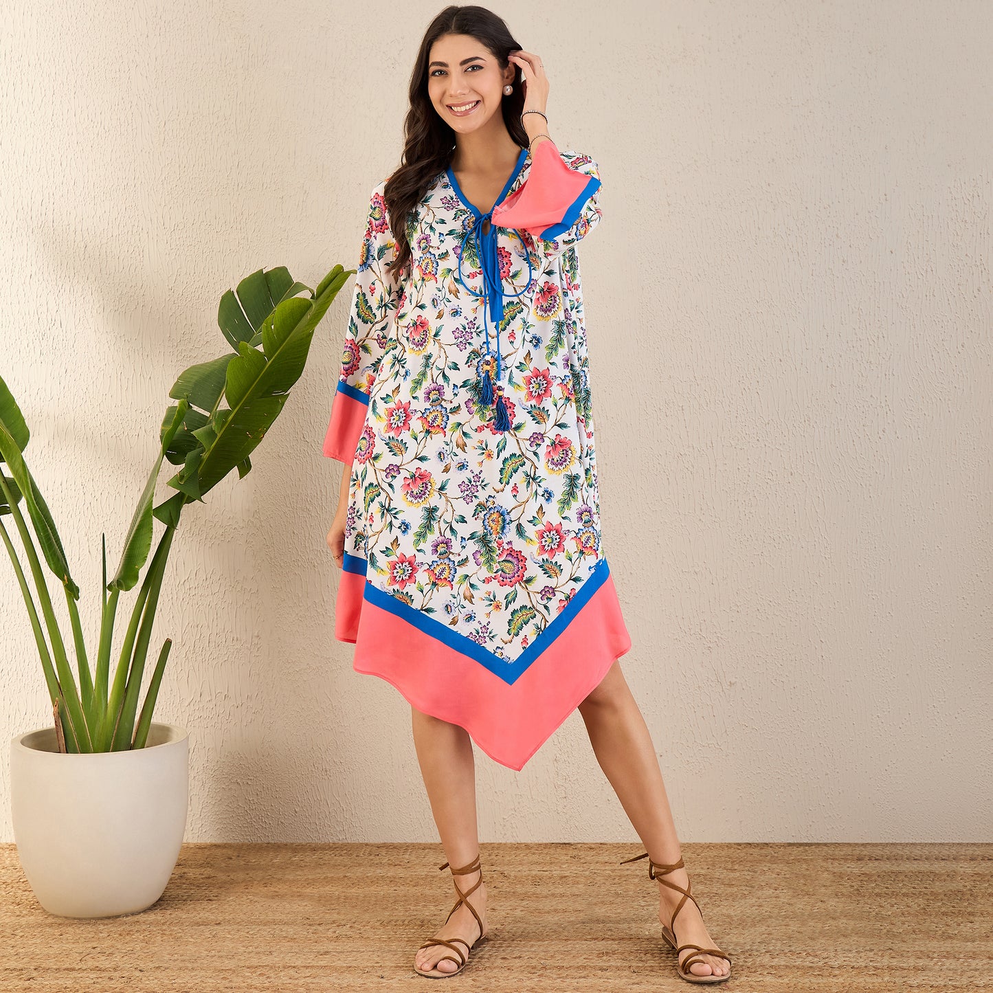 White and Coral Flower Printed A-Lined Tunic Dress