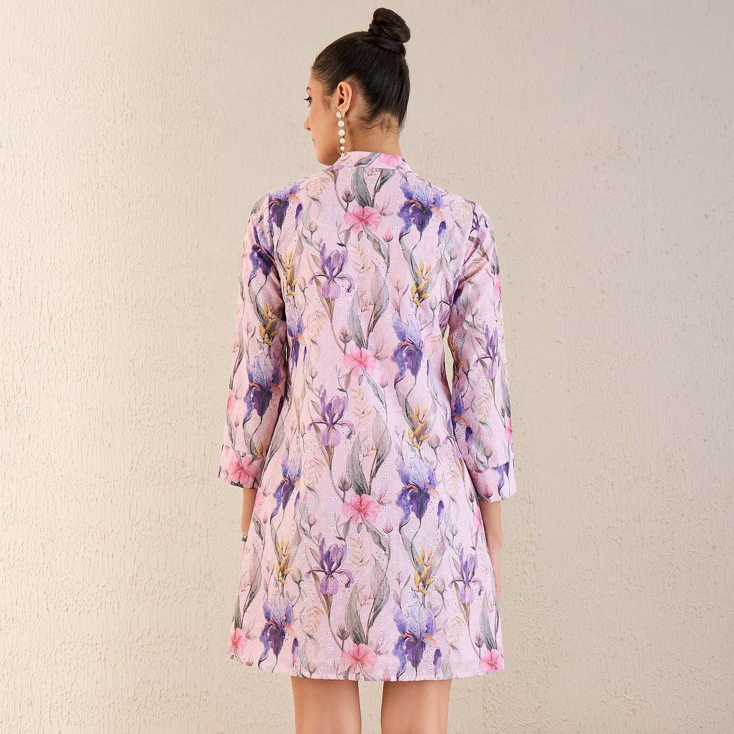 Baby Pink and Mauve Botanical Print Schiffli Dress