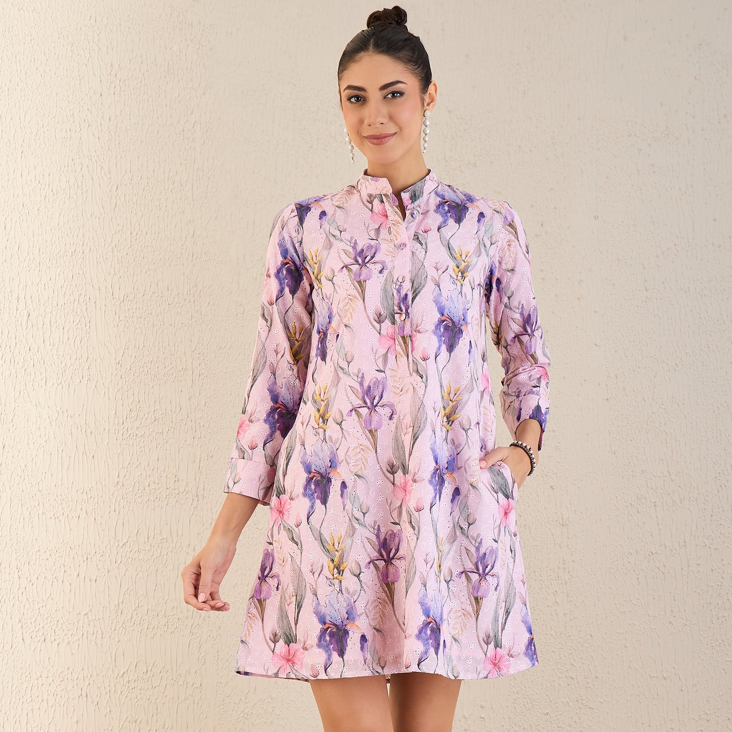 Baby Pink and Mauve Botanical Print Schiffli Dress