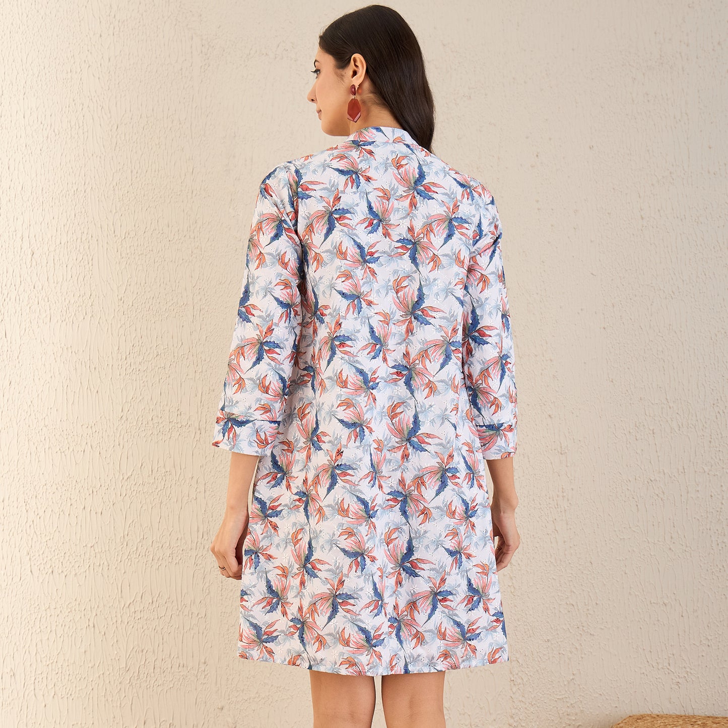 White and Indigo Blue Botanical Print Schiffli Dress