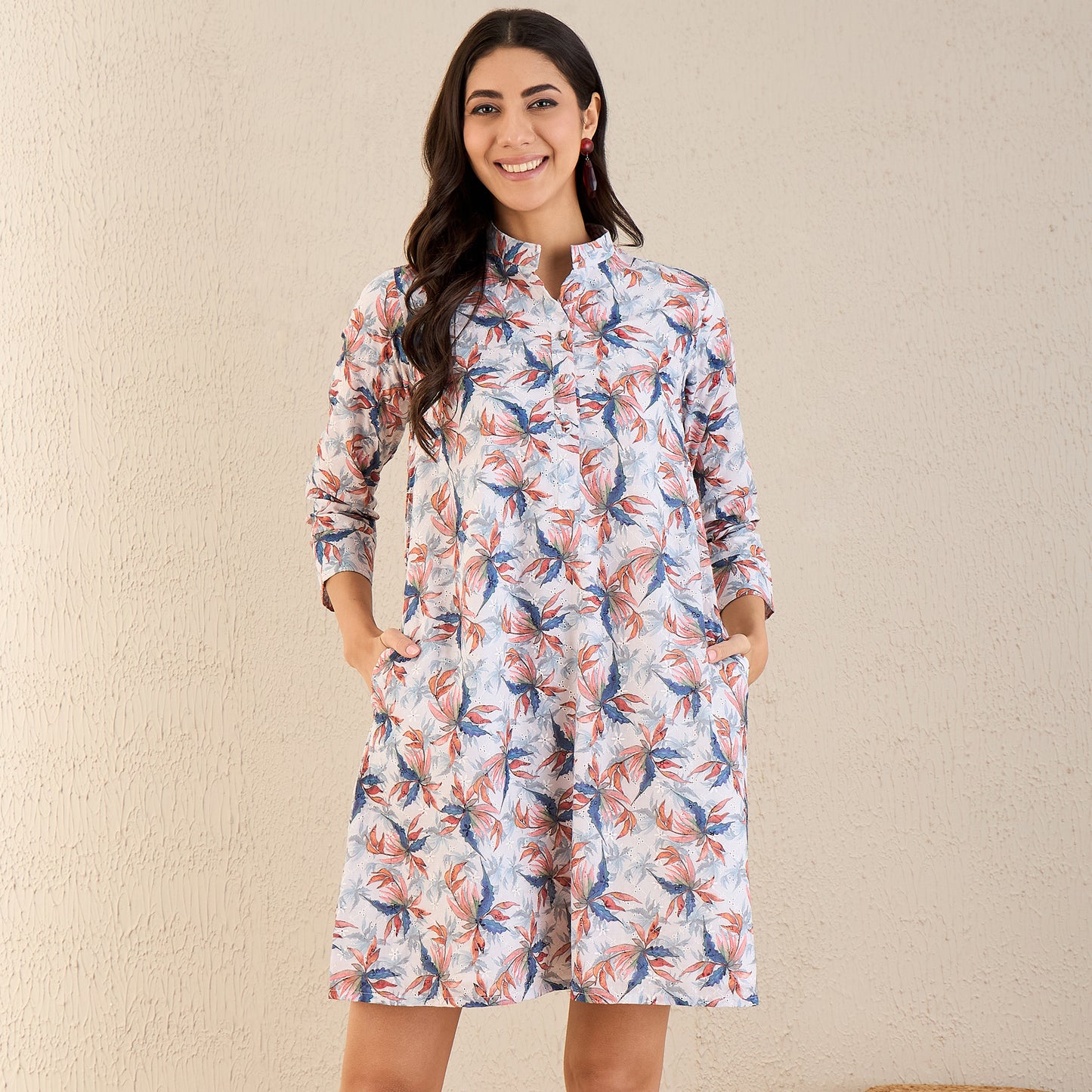 White and Indigo Blue Botanical Print Schiffli Dress