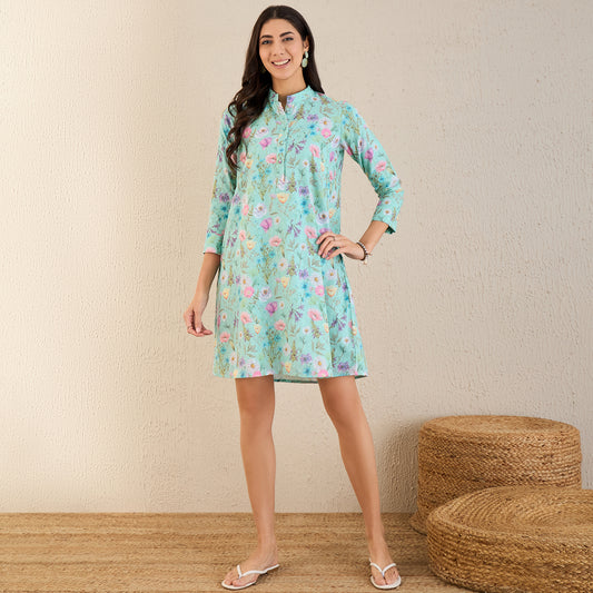 Aquamarine Floral Print Schiffli Dress