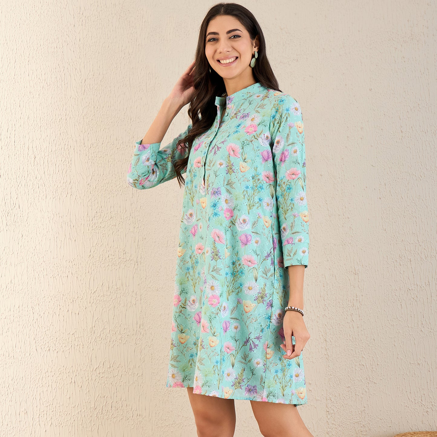 Aquamarine Floral Print Schiffli Dress