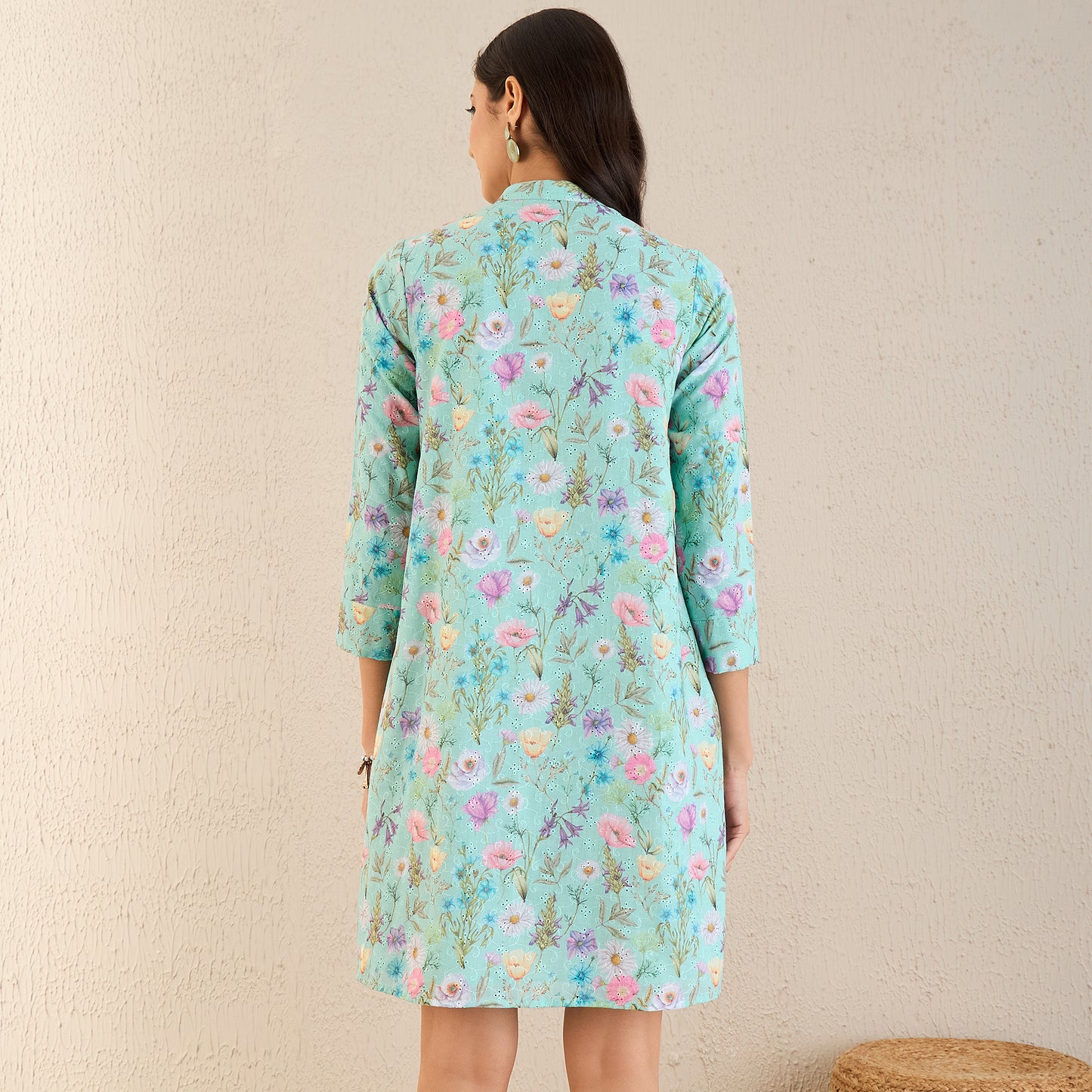 Aquamarine Floral Print Schiffli Dress