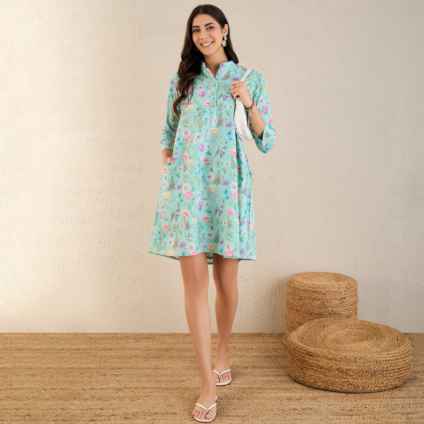 Aquamarine Floral Print Schiffli Dress