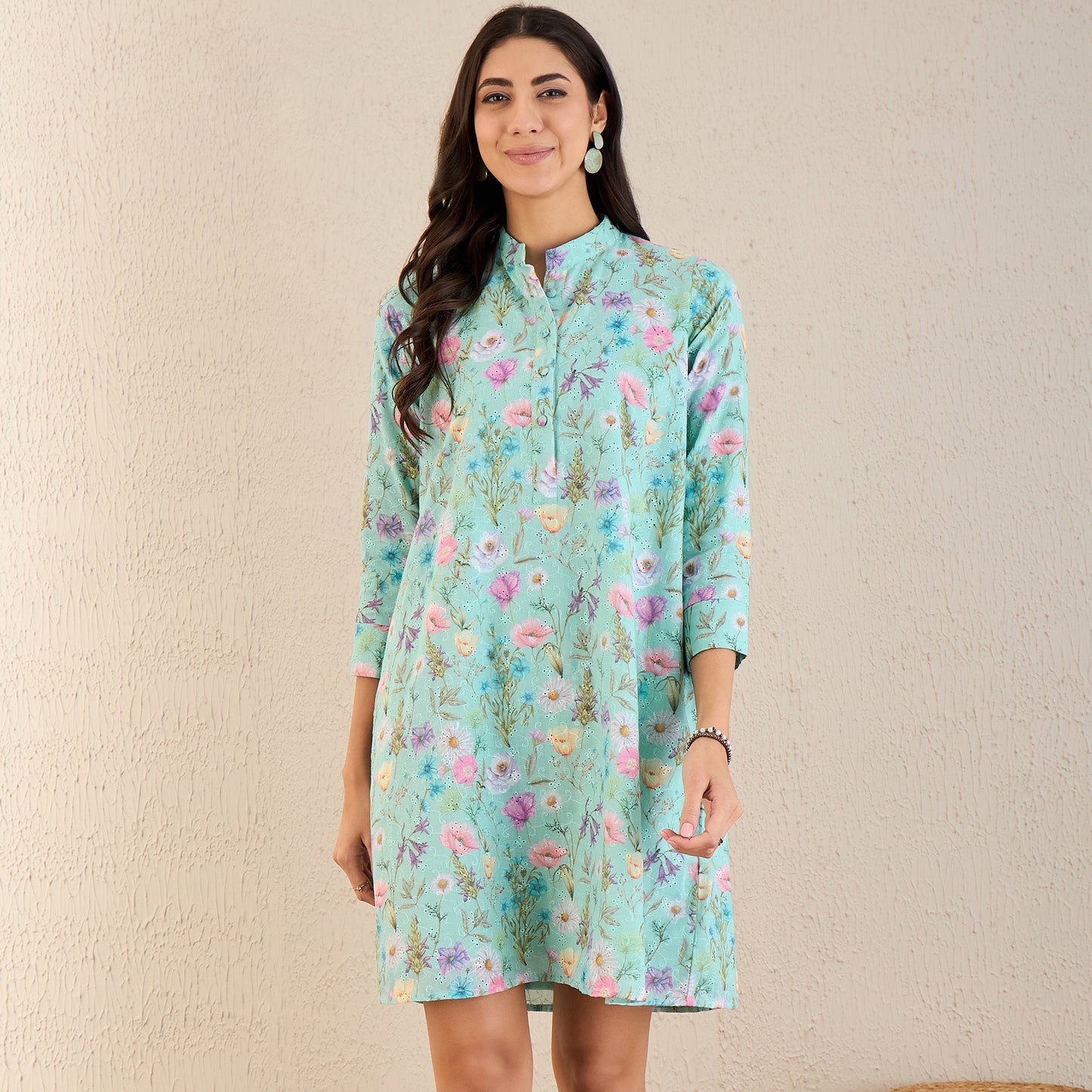 Aquamarine Floral Print Schiffli Dress