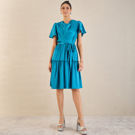 True Blue Cowl Neck Satin Dress with Belt