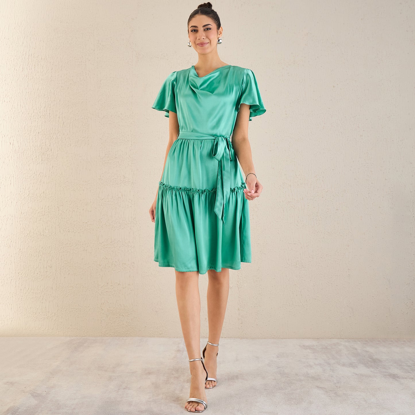 Turquoise Cowl Neck Satin Dress with Belt