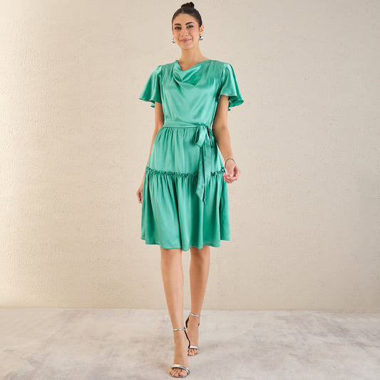 Turquoise Cowl Neck Satin Dress with Belt