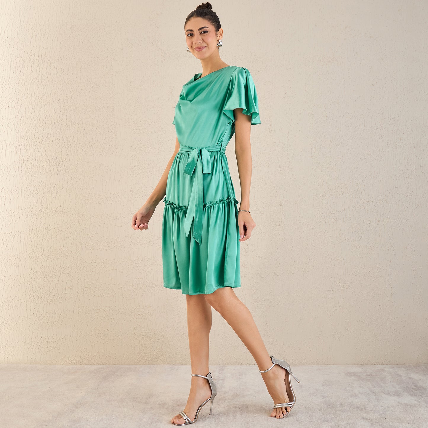 Turquoise Cowl Neck Satin Dress with Belt