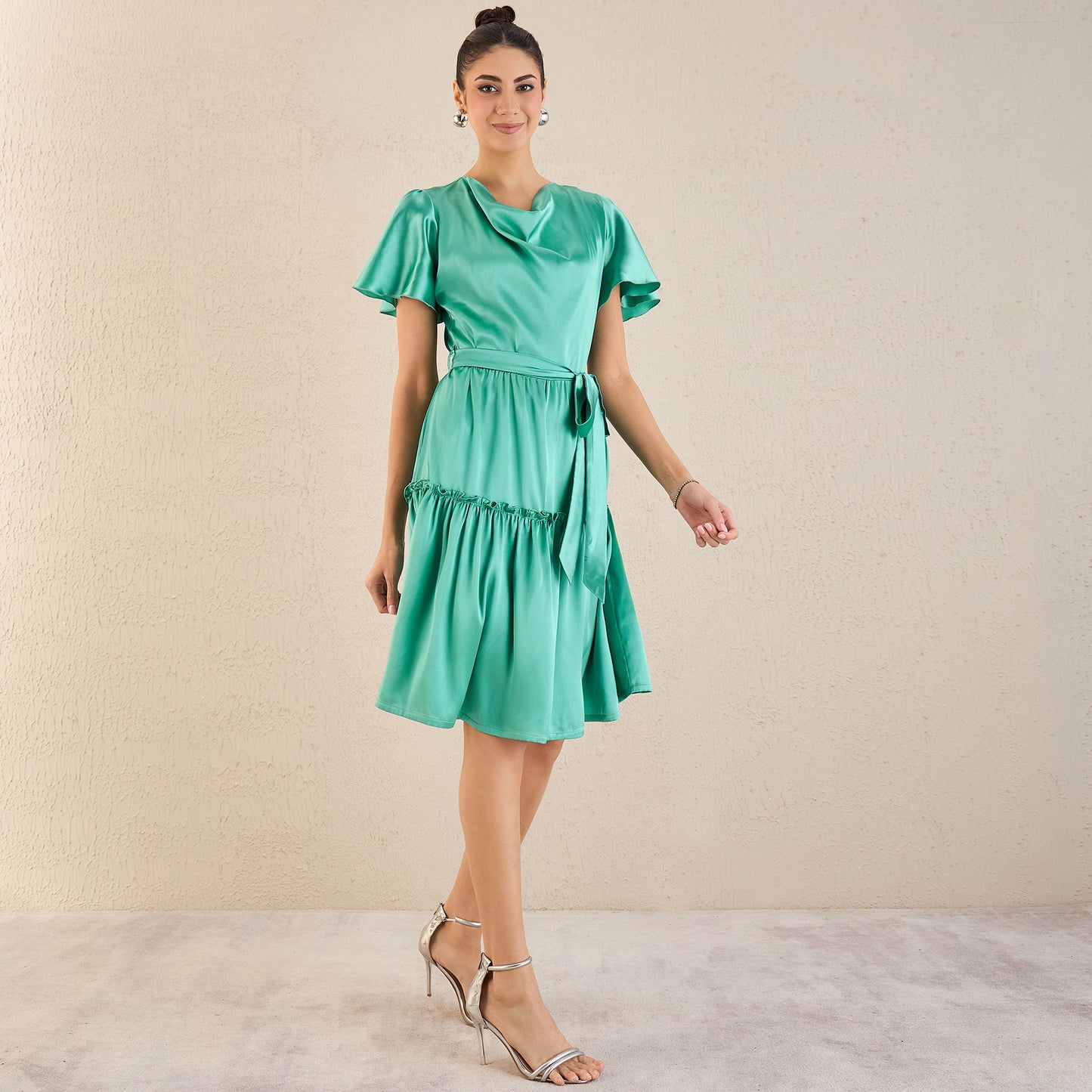 Turquoise Cowl Neck Satin Dress with Belt