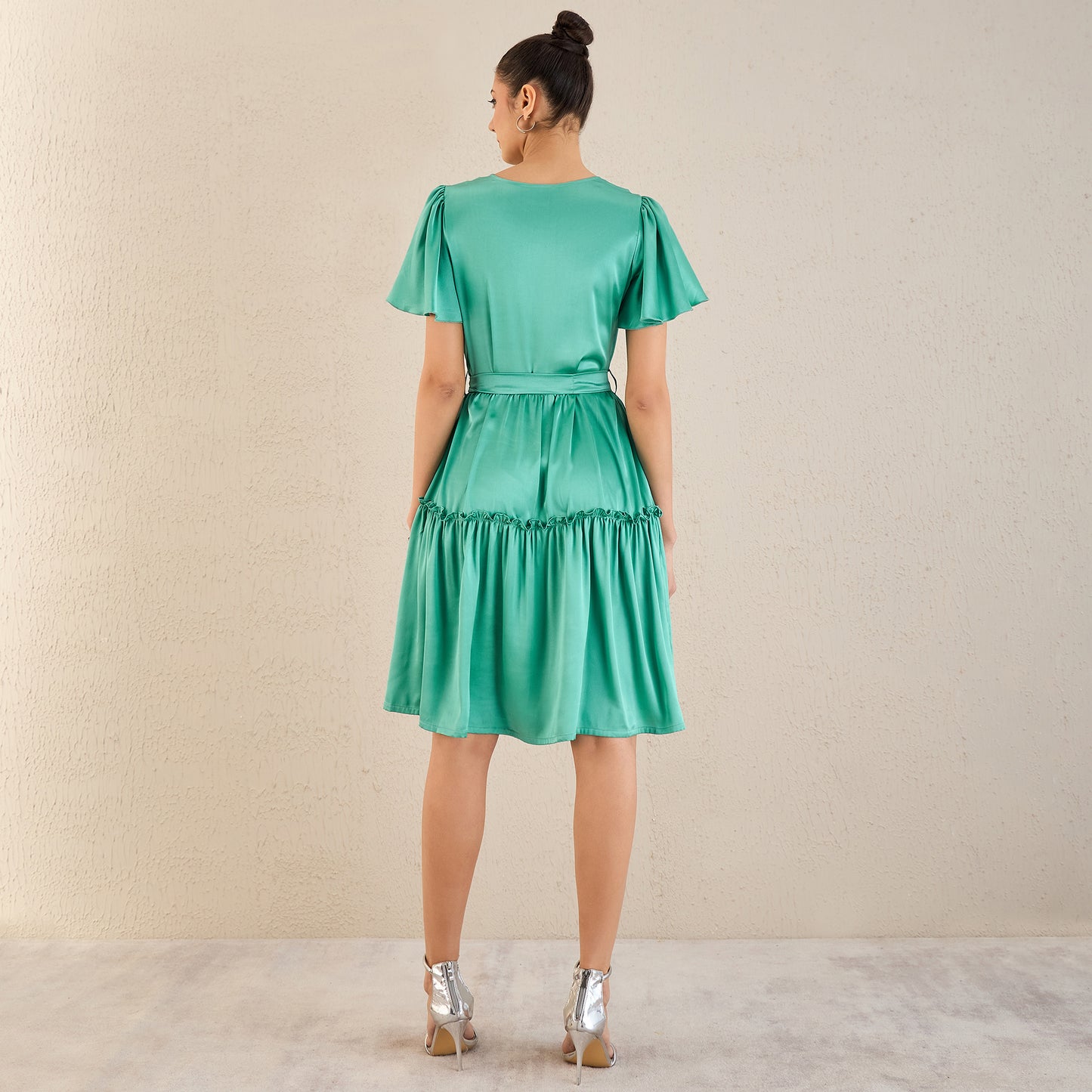 Turquoise Cowl Neck Satin Dress with Belt