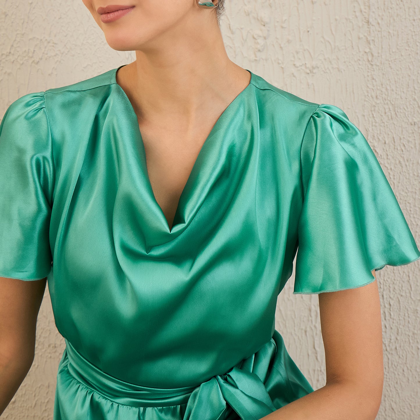 Turquoise Cowl Neck Satin Dress with Belt