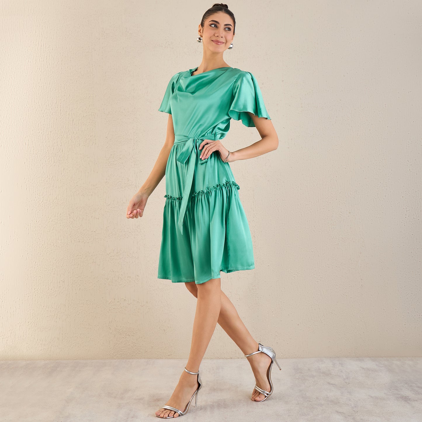 Turquoise Cowl Neck Satin Dress with Belt