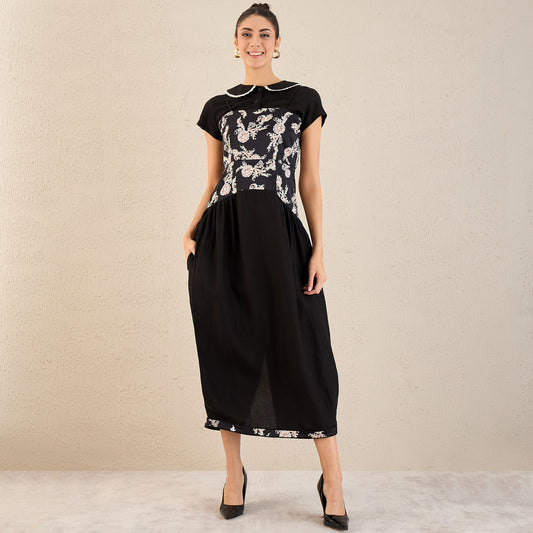 Black Baroque Print Linen Midi Dress with Shirt