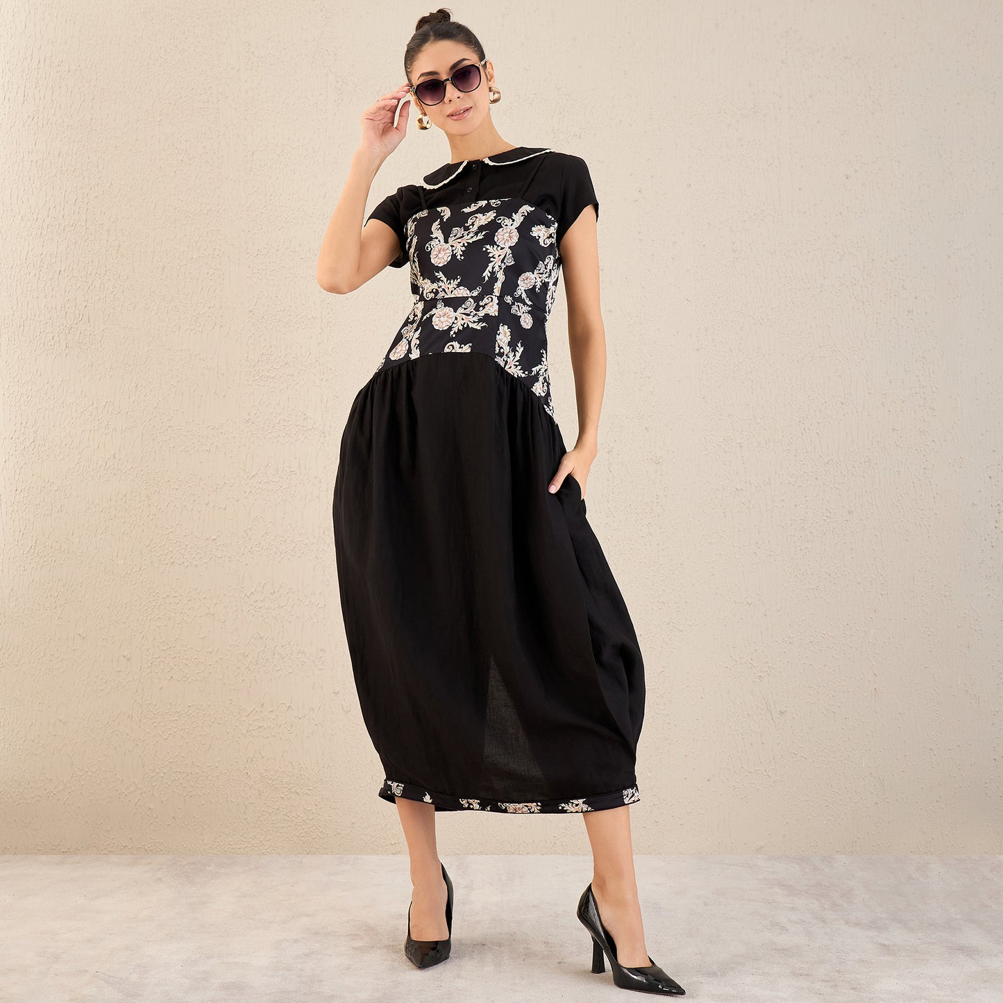 Black Baroque Print Linen Midi Dress with Shirt