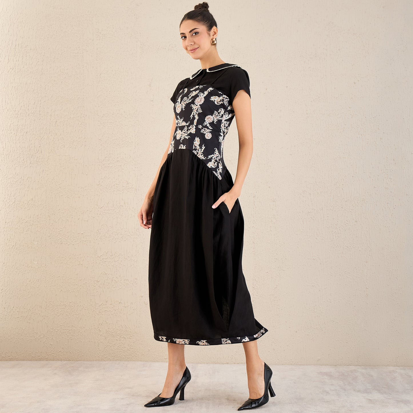 Black Baroque Print Linen Midi Dress with Shirt