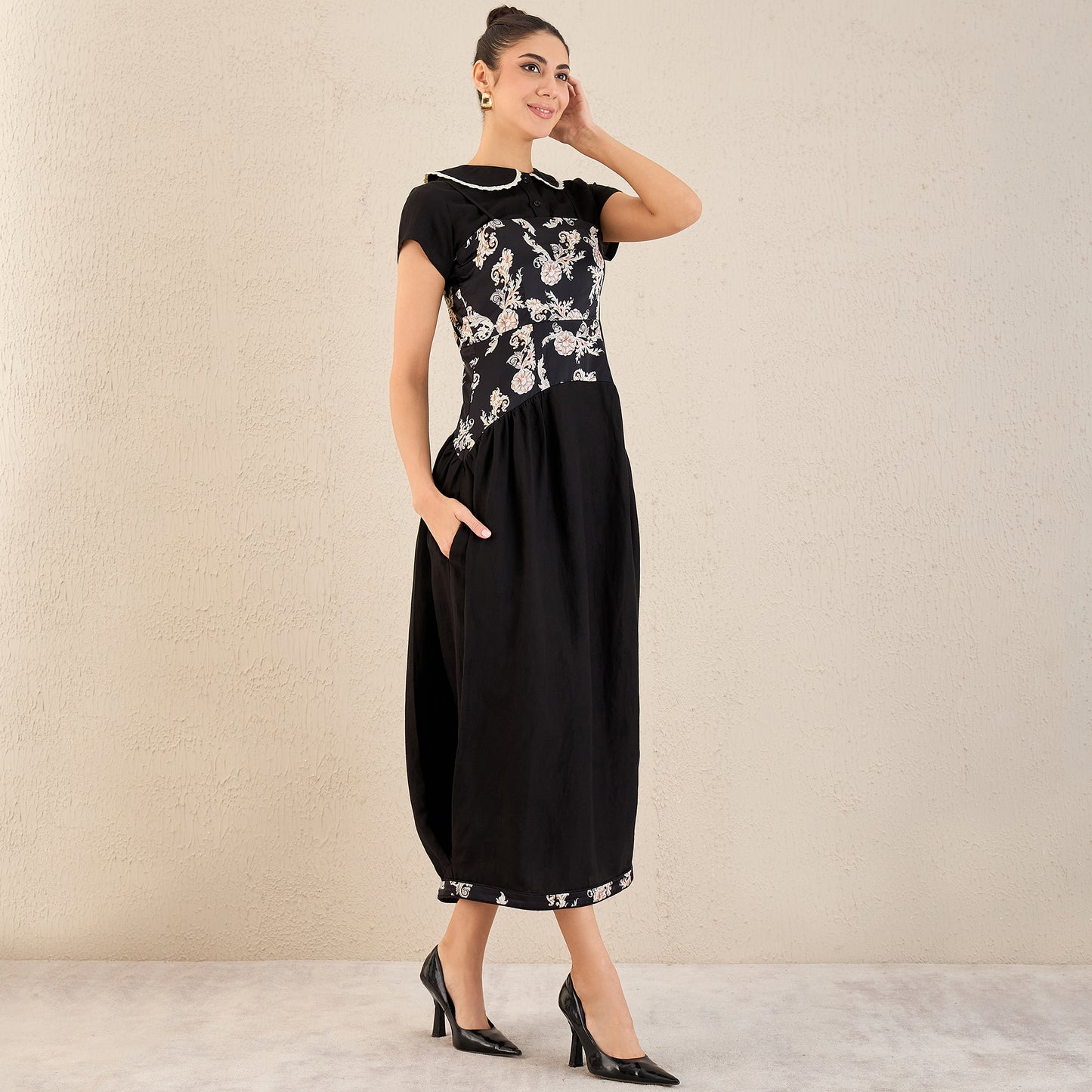 Black Baroque Print Linen Midi Dress with Shirt