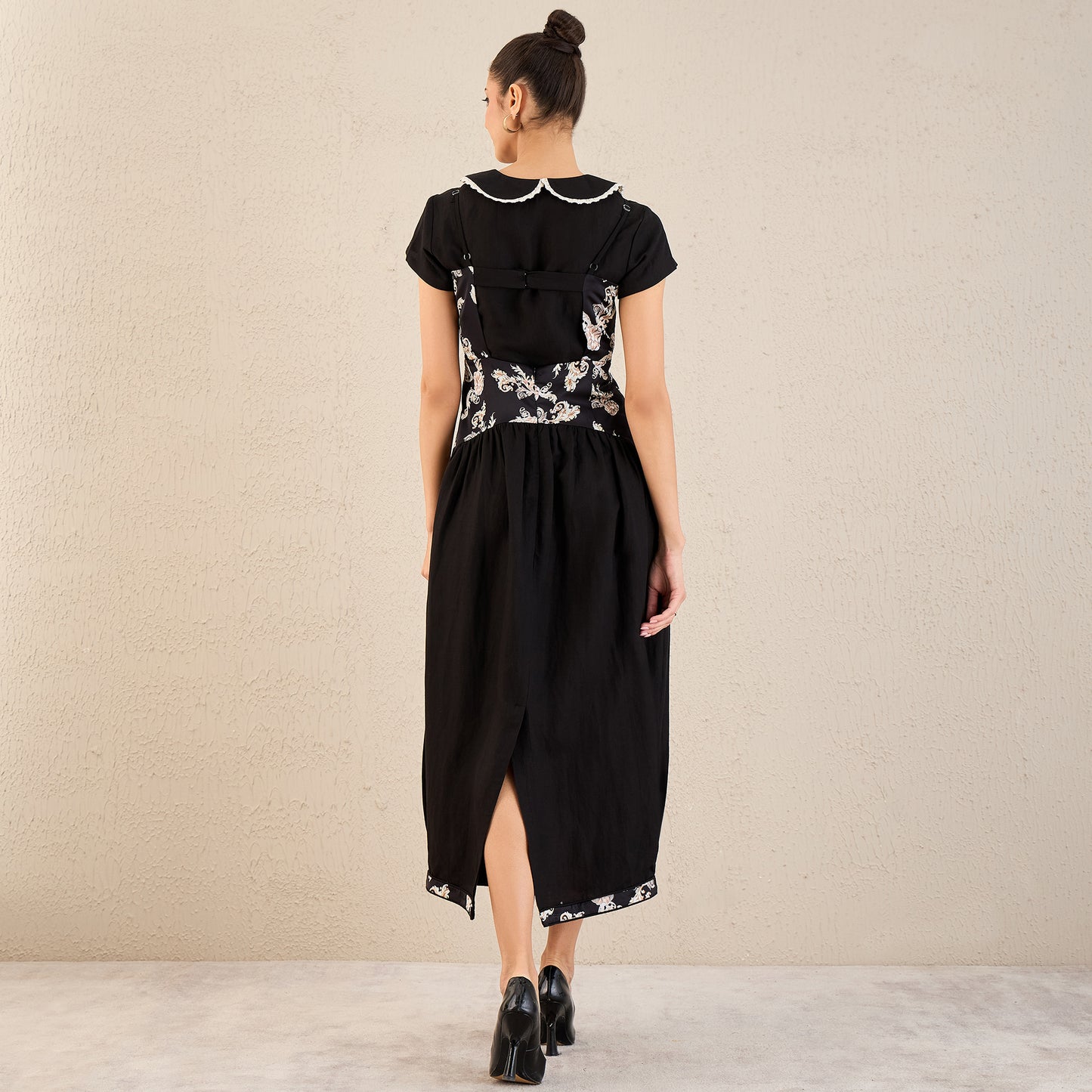 Black Baroque Print Linen Midi Dress with Shirt