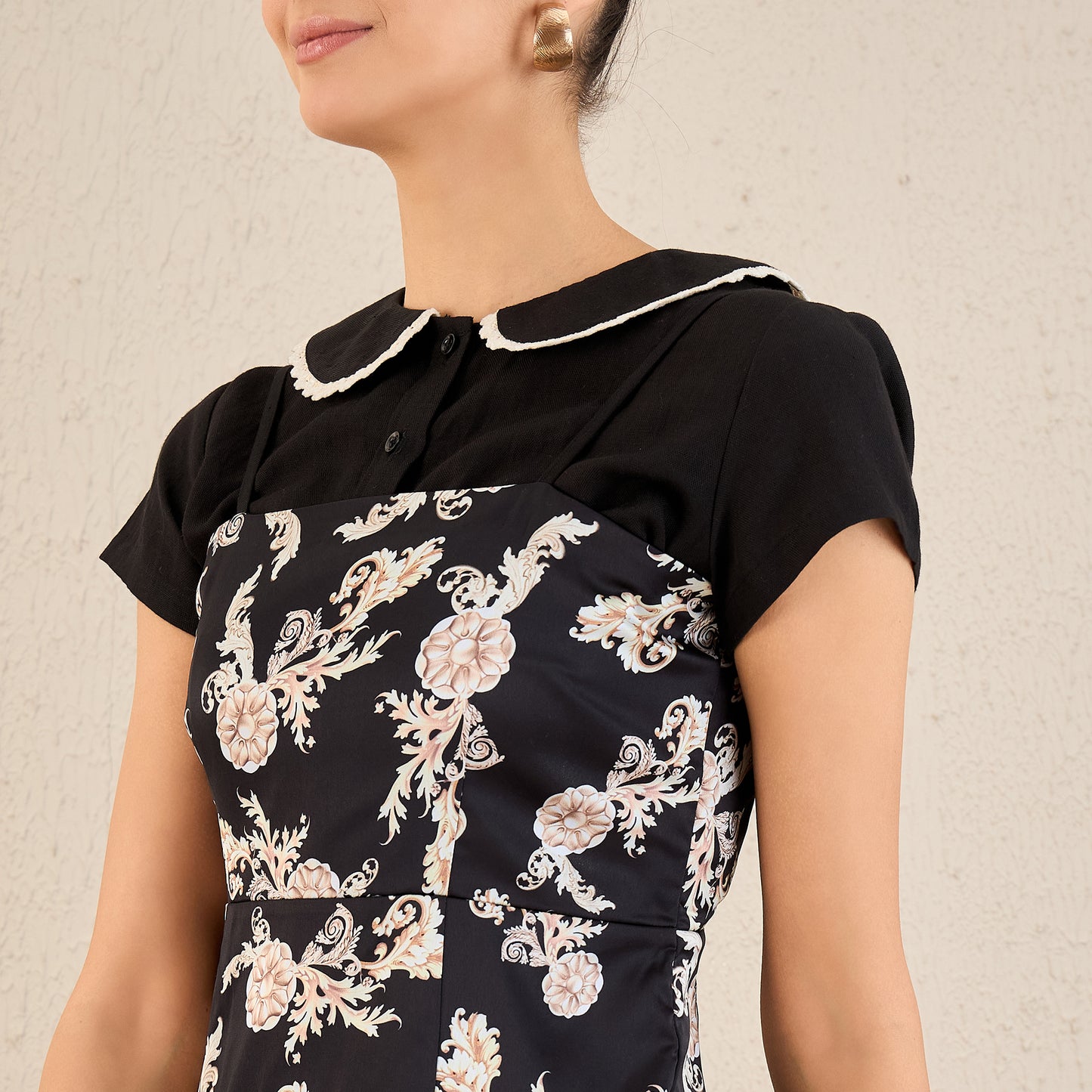 Black Baroque Print Linen Midi Dress with Shirt