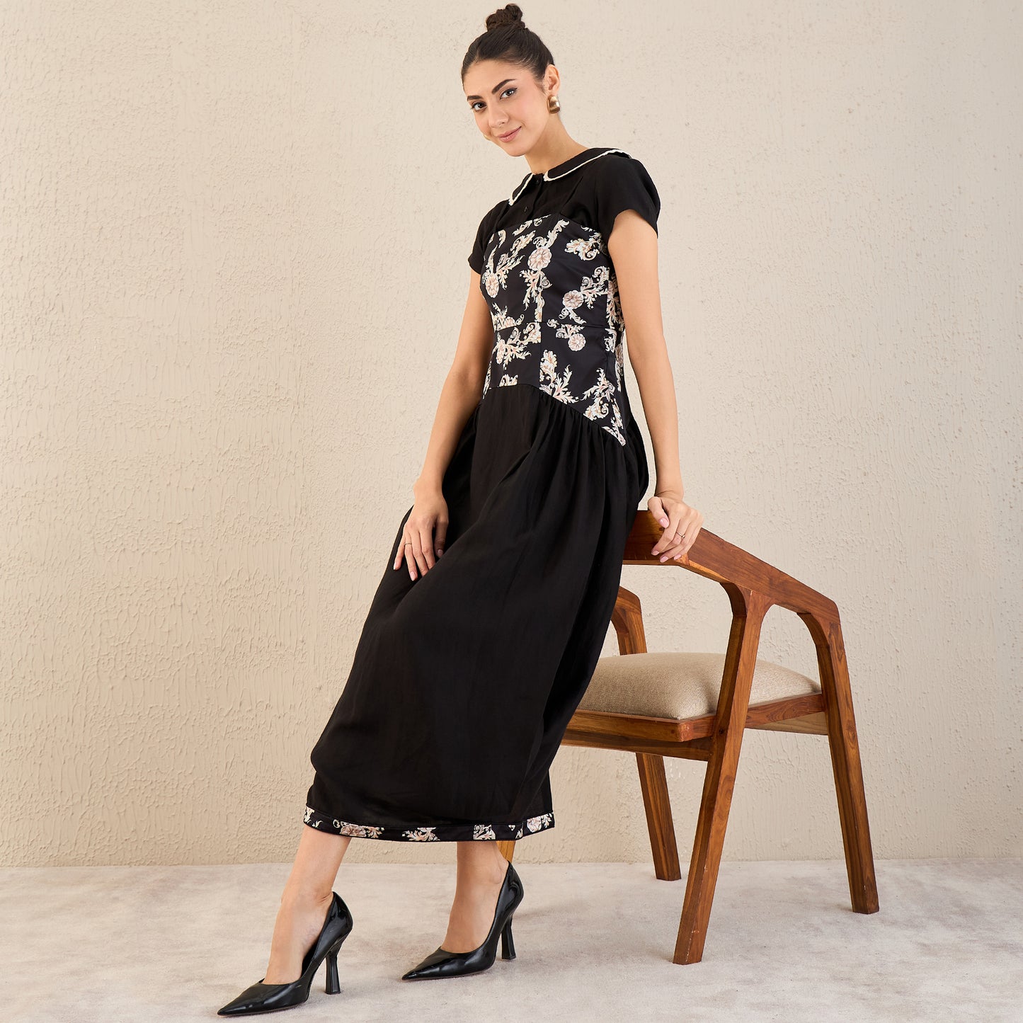 Black Baroque Print Linen Midi Dress with Shirt