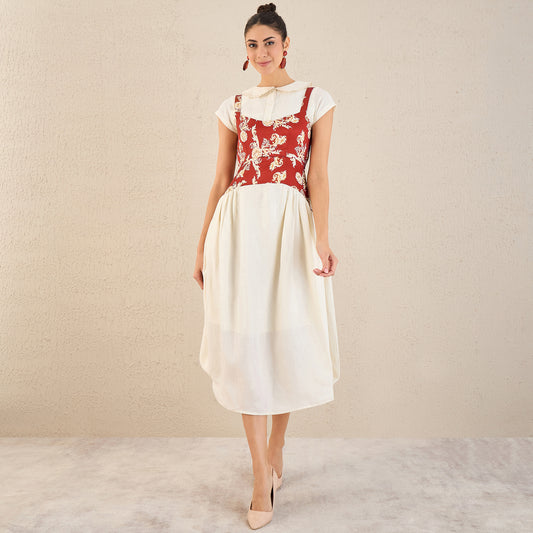 Off-White and Red Baroque Print Linen Midi Dress with Shirt