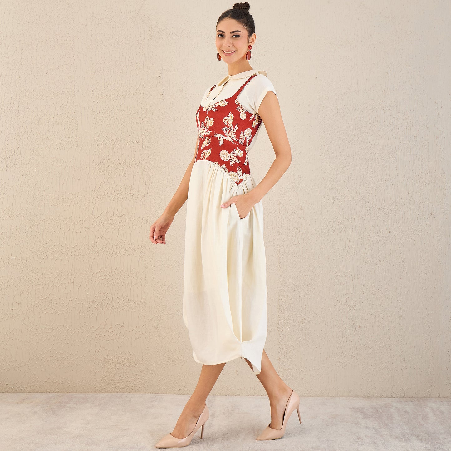 Off-White and Red Baroque Print Linen Midi Dress with Shirt