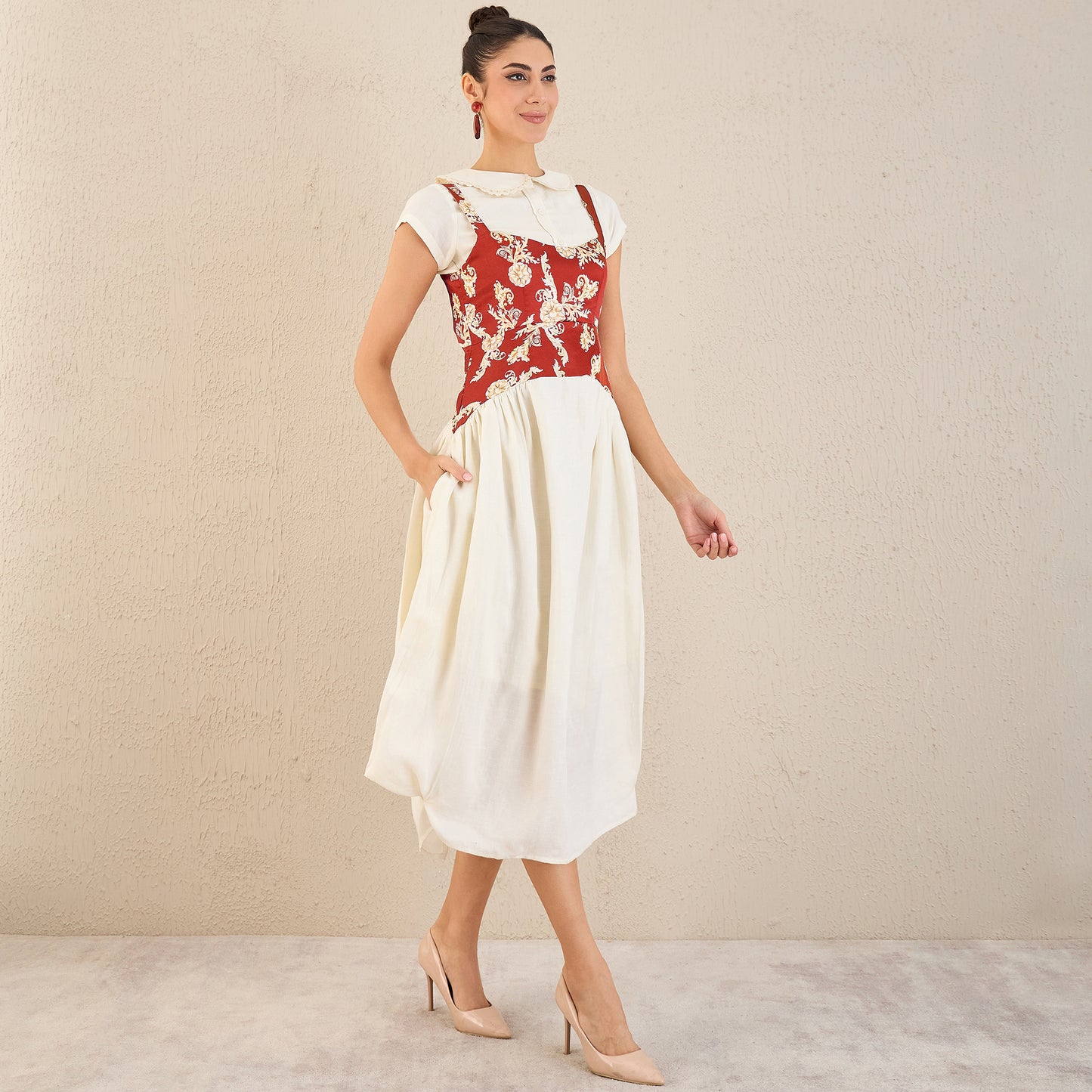 Off-White and Red Baroque Print Linen Midi Dress with Shirt