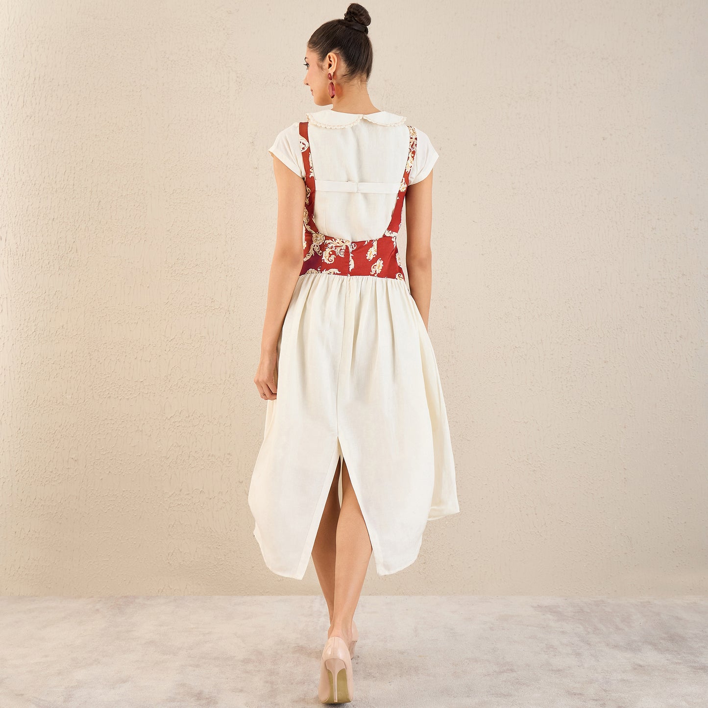 Off-White and Red Baroque Print Linen Midi Dress with Shirt