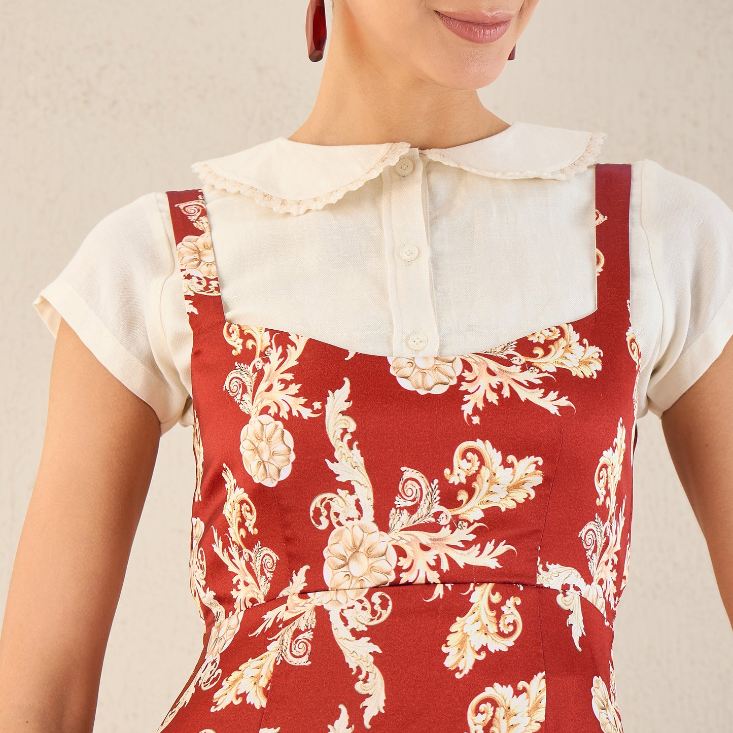 Off-White and Red Baroque Print Linen Midi Dress with Shirt