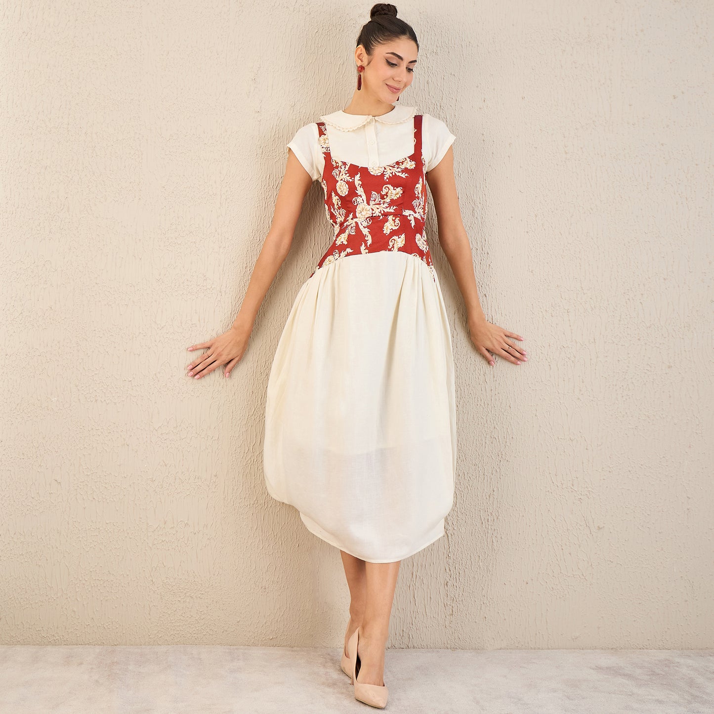 Off-White and Red Baroque Print Linen Midi Dress with Shirt