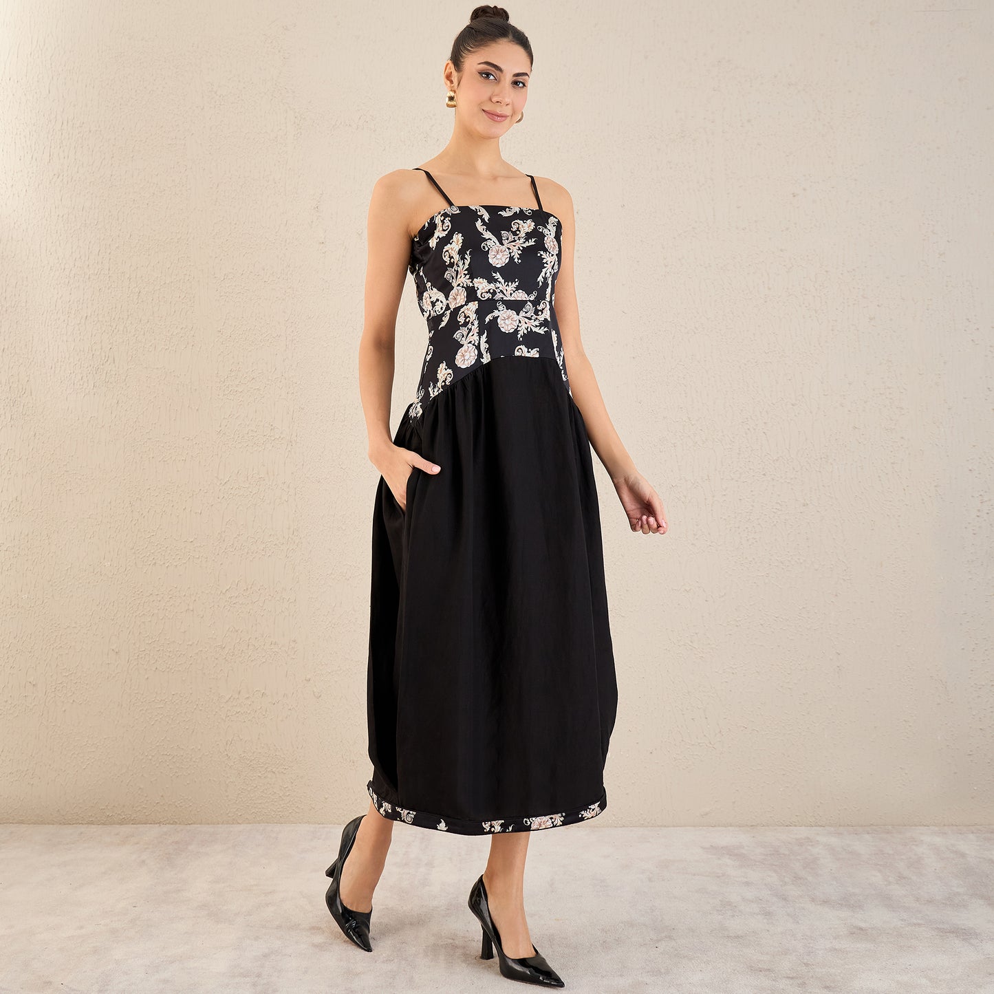 Black Baroque Print Linen Midi Dress