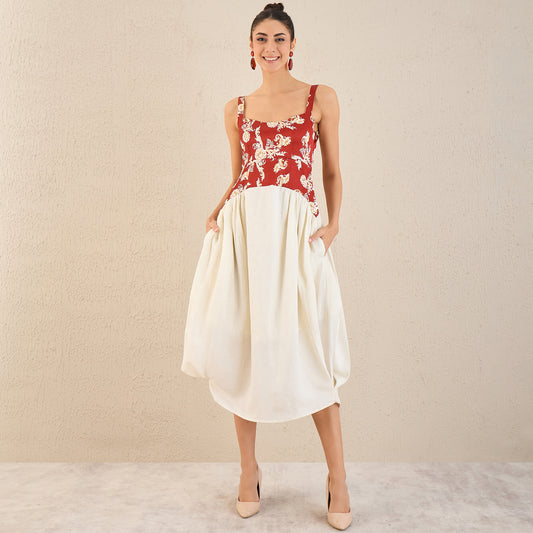 Off-White and Red Baroque Print Linen Midi Dress